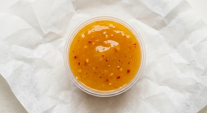 Slim Chickens Mango Habanero Sauce, golden mango habanero sauce with chilli in a clear pot, nutrition and calories