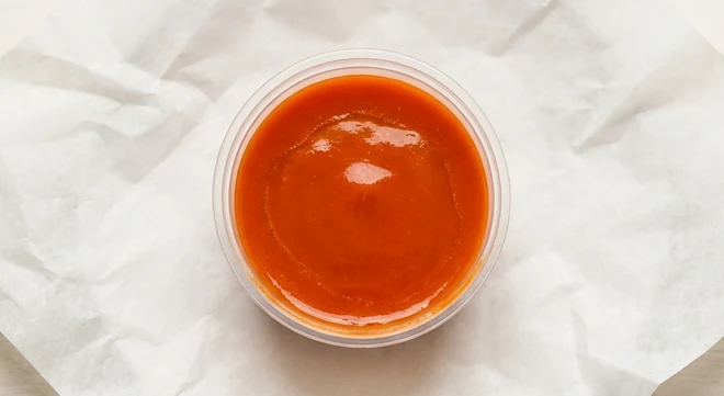 Slim Chickens Buffalo Sauce, orange-red buffalo hot sauce in a clear pot, nutrition and calories