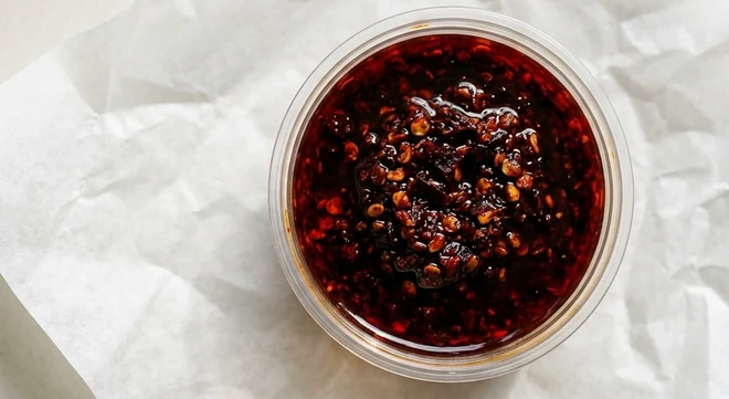 Slim Chickens Slim Reaper Sauce, dark red extra hot chilli sauce in a clear pot, nutrition and calories