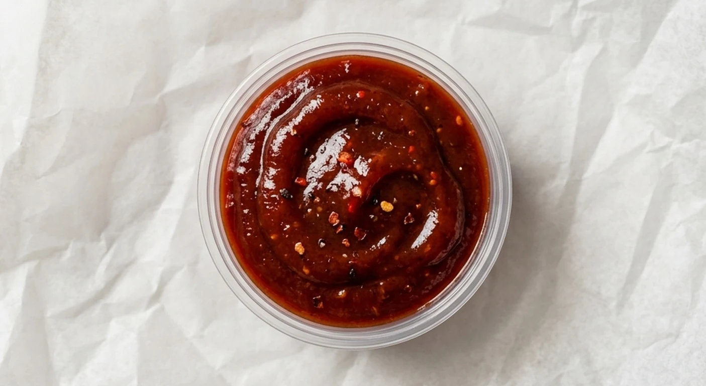 Slim Chickens Spicy BBQ Sauce, spicy barbecue sauce with chilli flakes in a clear pot, nutrition and calories