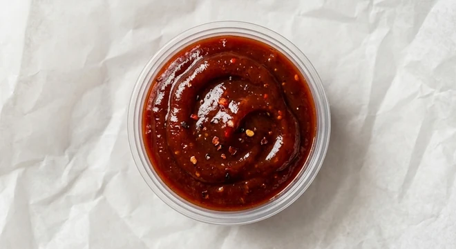 Slim Chickens Spicy BBQ Sauce, spicy barbecue sauce with chilli flakes in a clear pot, nutrition and calories