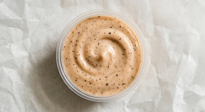 Slim Chickens Slims Sauce, creamy peppered orange-pink dipping sauce in a clear pot, nutrition and calories