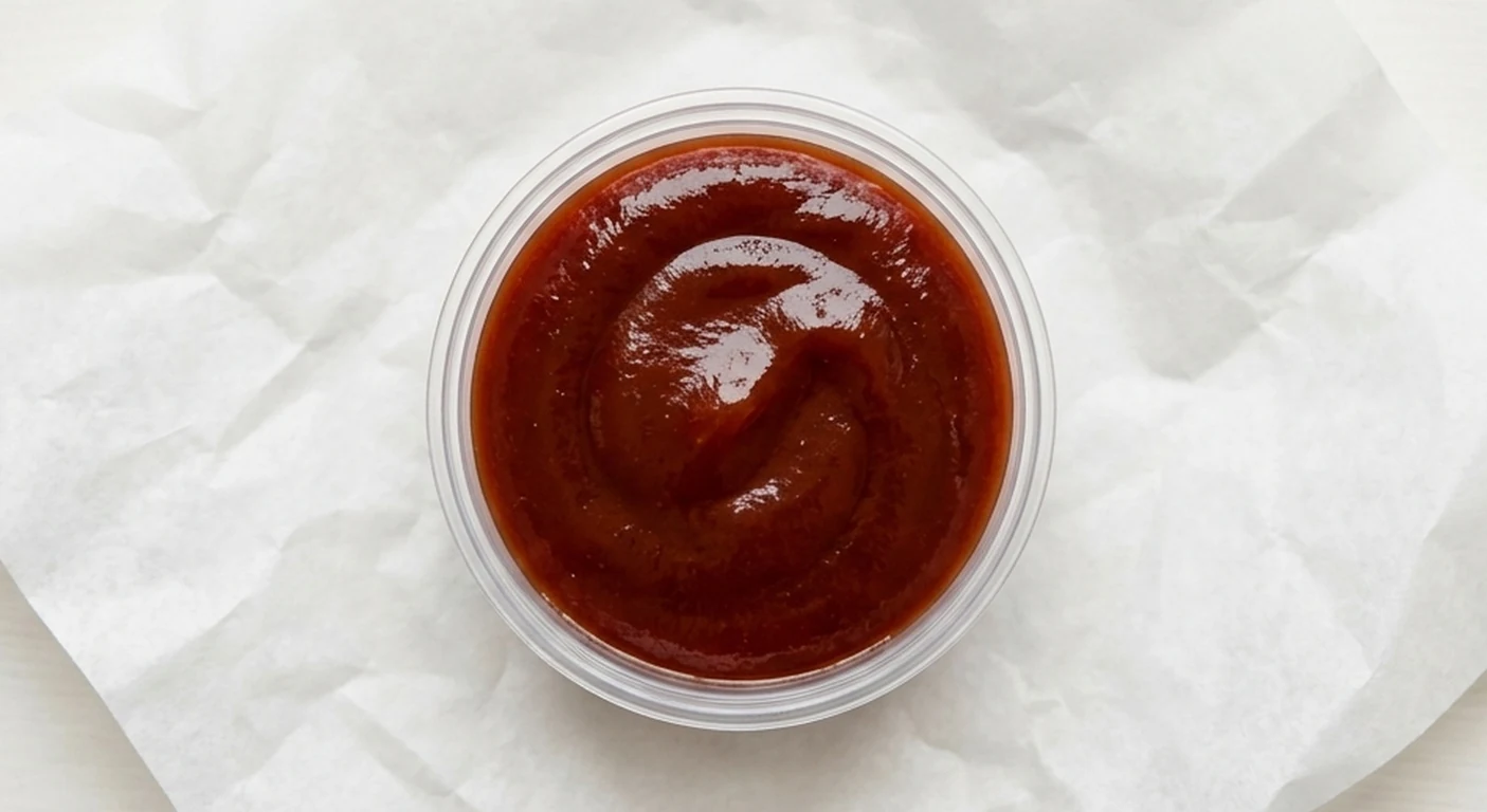 Slim Chickens Honey BBQ Sauce, glossy honey barbecue sauce in a clear pot, nutrition and calories