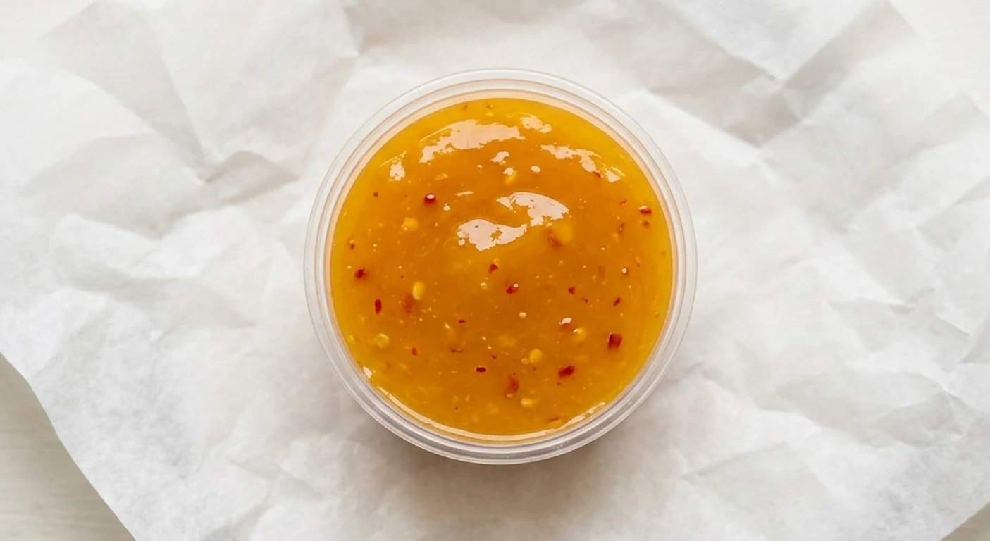 Slim Chickens Mango Habanero Sauce, golden mango habanero sauce with chilli in a clear pot, nutrition and calories