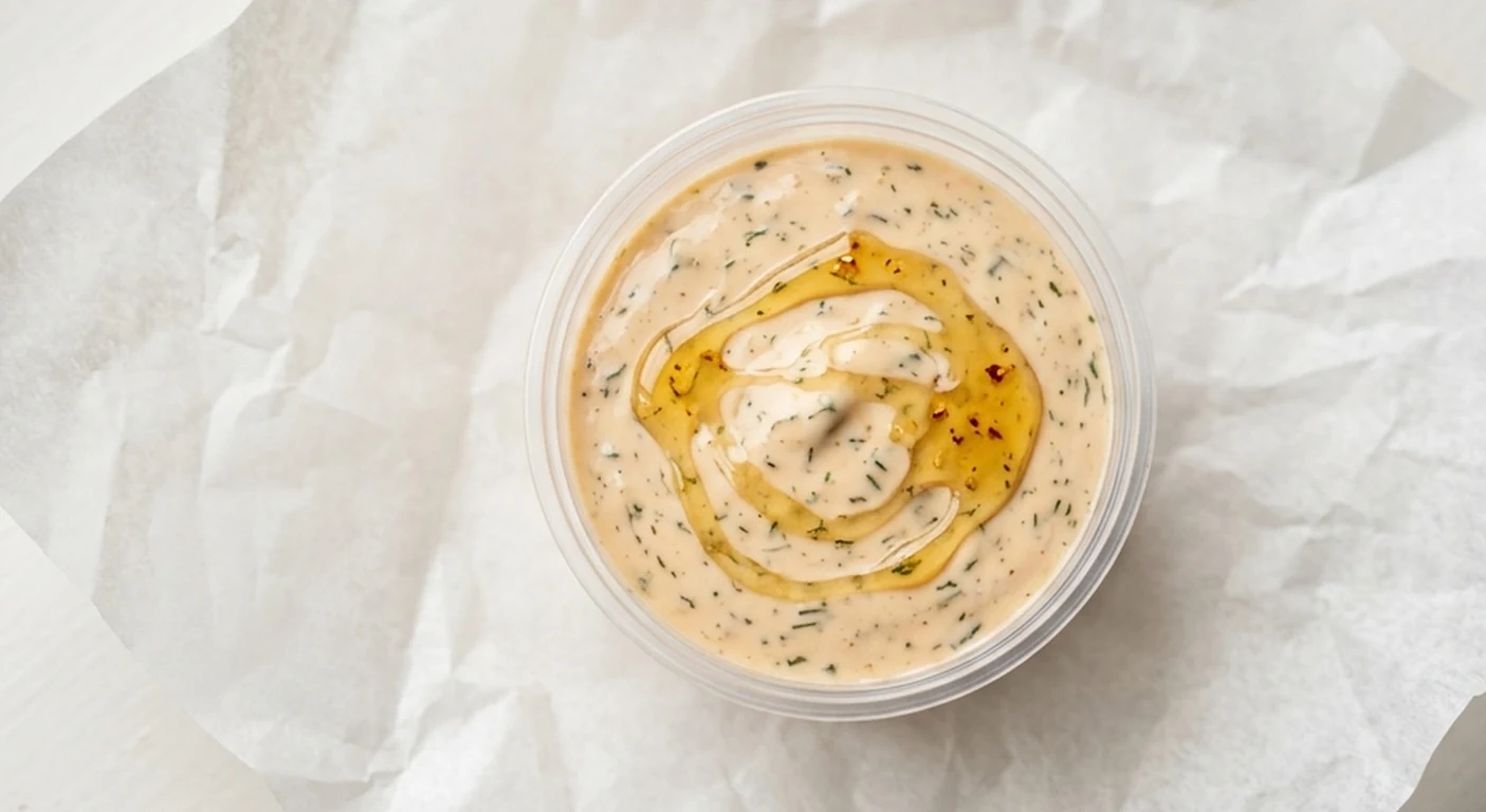 Slim Chickens Hot Honey Ranch, ranch dip with a chilli honey drizzle in a clear pot, nutrition and calories