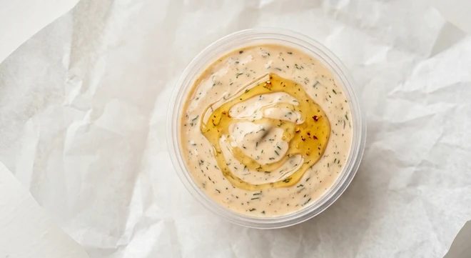 Slim Chickens Hot Honey Ranch, ranch dip with a chilli honey drizzle in a clear pot, nutrition and calories