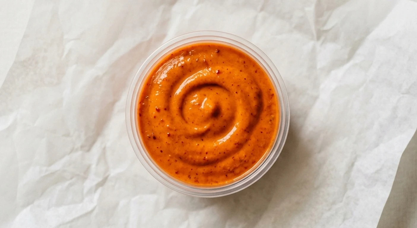 Slim Chickens Inferno Dressing, fiery orange chilli dressing in a clear pot, nutrition and calories