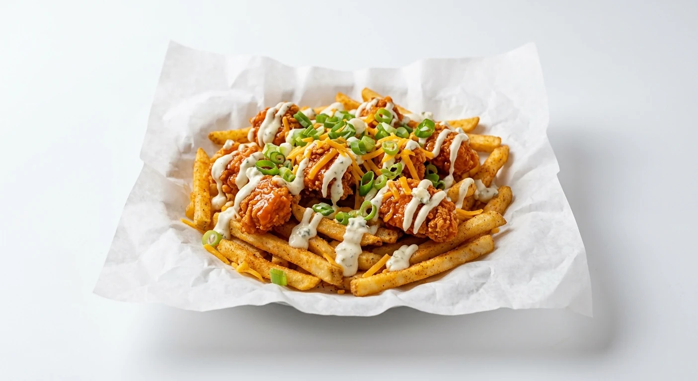 Slim Chickens Buffalo Blue Loaded Fries, seasoned fries loaded with buffalo chicken tenders, blue cheese sauce, cheese and spring onion on white paper, nutrition and calories