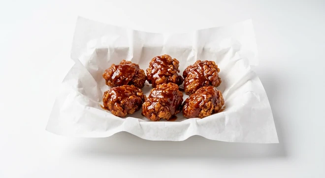 Slim Chickens BBQ Tossed Boneless Bites, boneless chicken bites tossed in barbecue sauce on white paper, nutrition and calories