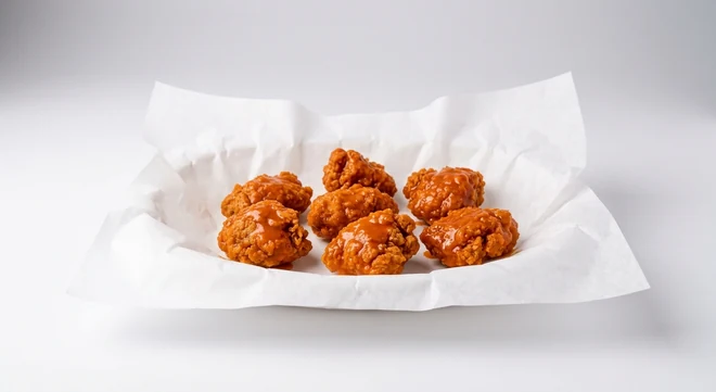 Slim Chickens Buffalo Tossed Boneless Bites, boneless chicken bites tossed in buffalo hot sauce on white paper, nutrition and calories
