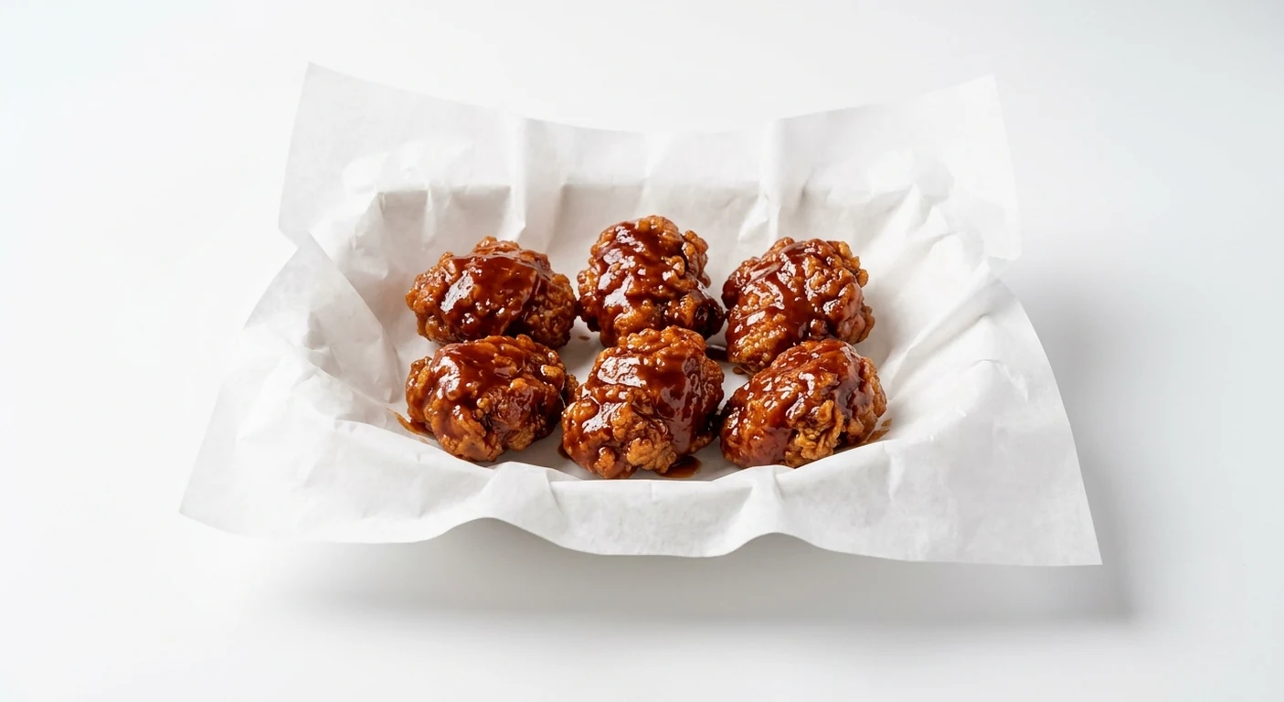 Slim Chickens BBQ Tossed Boneless Bites, boneless chicken bites tossed in barbecue sauce on white paper, nutrition and calories