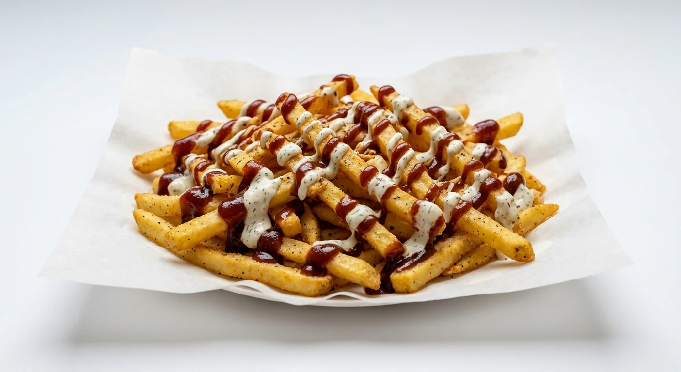 Slim Chickens BBQ Ranch Fries, seasoned fries drizzled with barbecue sauce and ranch on white paper, nutrition and calories