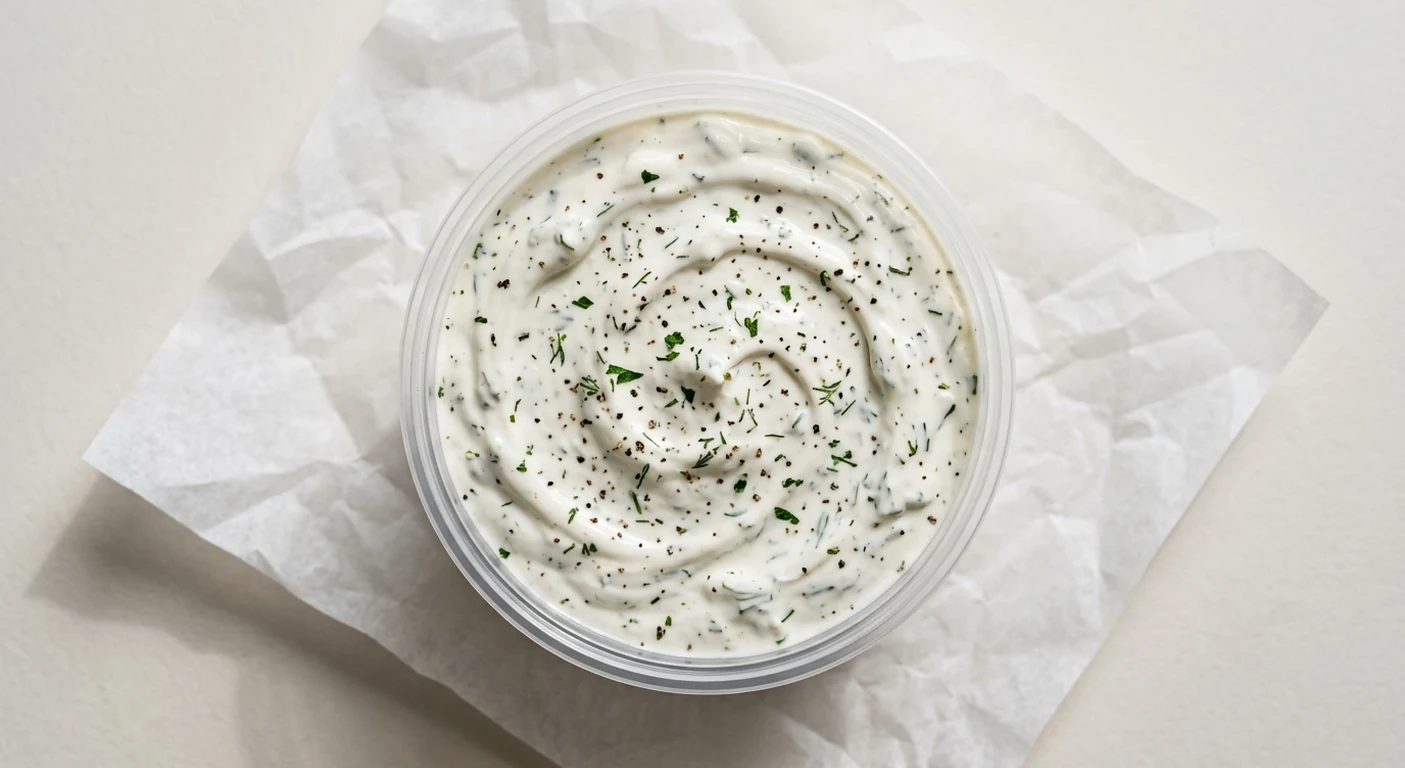 Slim Chickens The Big Ranch Pot, a large sharing tub of house ranch dip on white paper, nutrition and calories