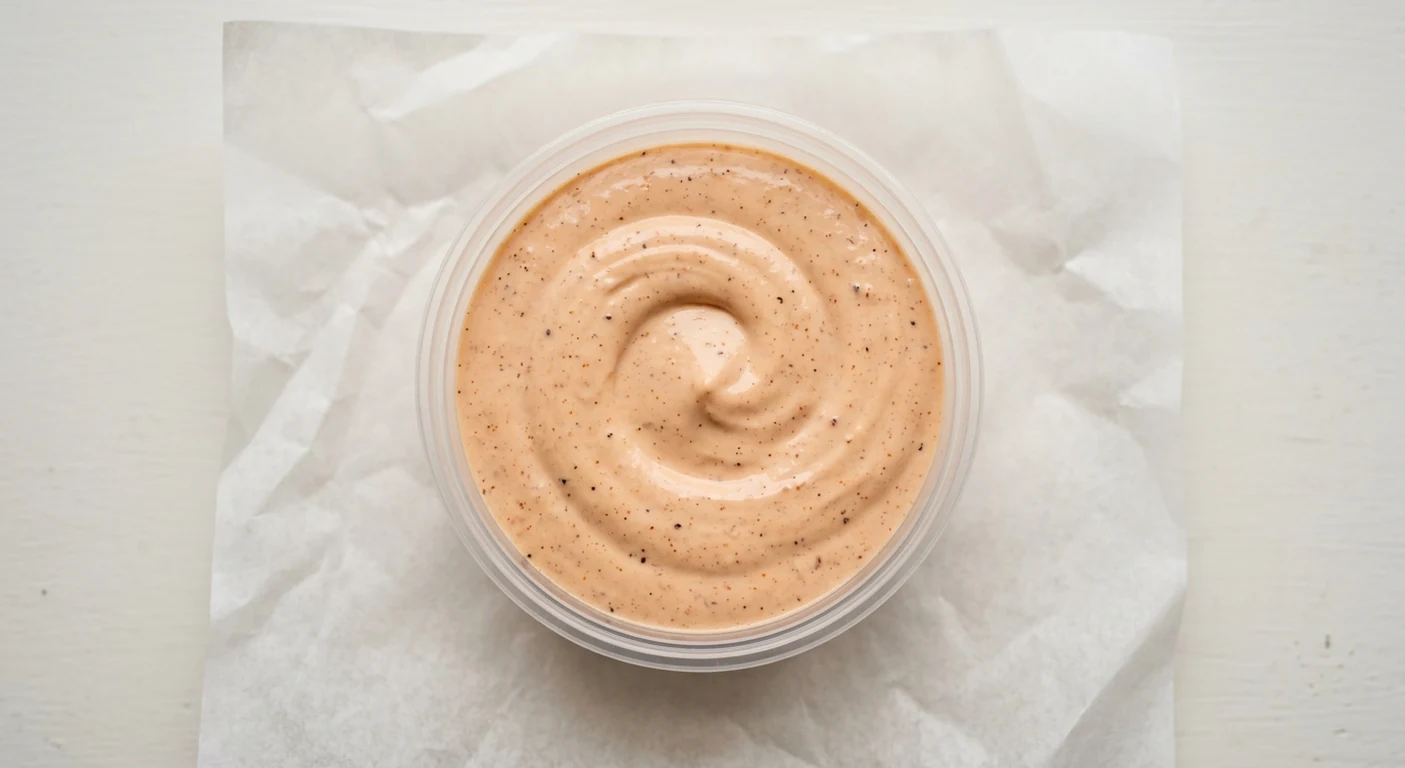 Slim Chickens The Big Slims Pot, a large sharing tub of Slims Sauce on white paper, nutrition and calories
