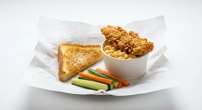 Slim Chickens Kids Tender Mac & Cheese, mac and cheese topped with a chicken tender with Texas Toast, carrot and cucumber sticks on white paper, nutrition and calories