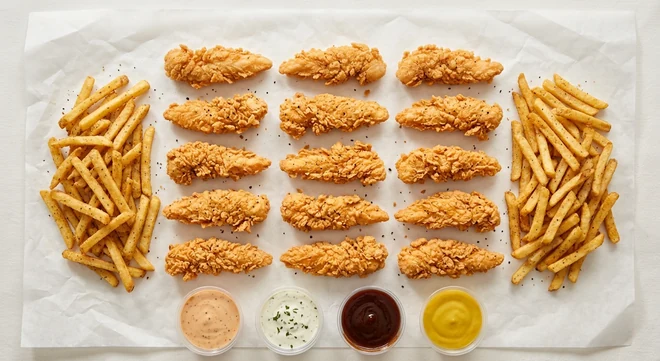 Slim Chickens Full Reload Bundle, fifteen hand-breaded chicken tenders with two portions of seasoned fries and four house sauces on white paper, nutrition and calories