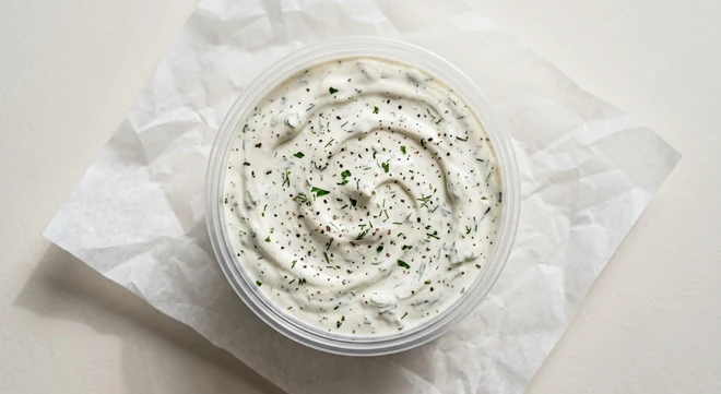 Slim Chickens The Big Ranch Pot, a large sharing tub of house ranch dip on white paper, nutrition and calories