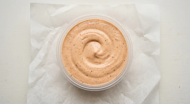 Slim Chickens The Big Slims Pot, a large sharing tub of Slims Sauce on white paper, nutrition and calories