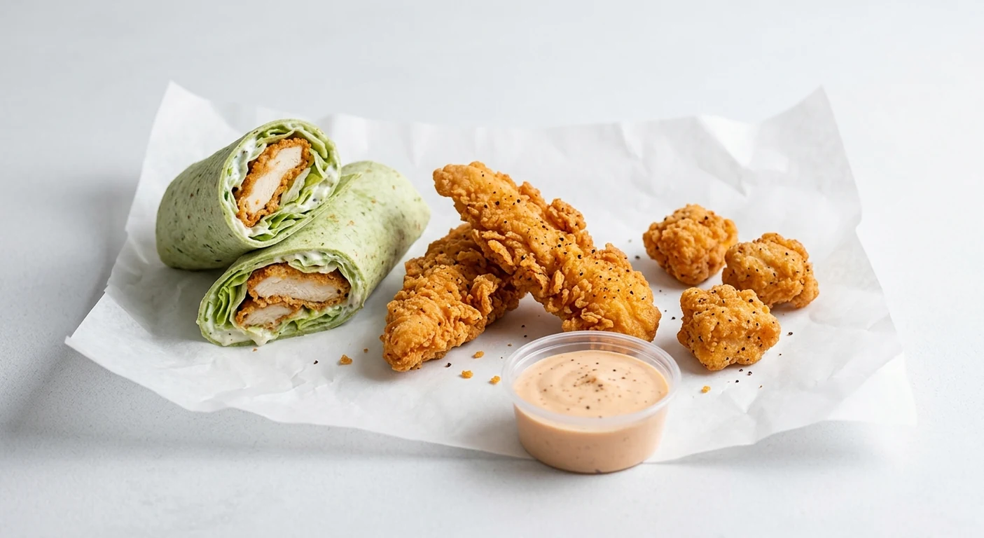 Slim Chickens Protein Packed Boneless Box, a Slim's Wrap, two chicken tenders, three boneless bites and a Slims Sauce dip on white paper, nutrition and calories