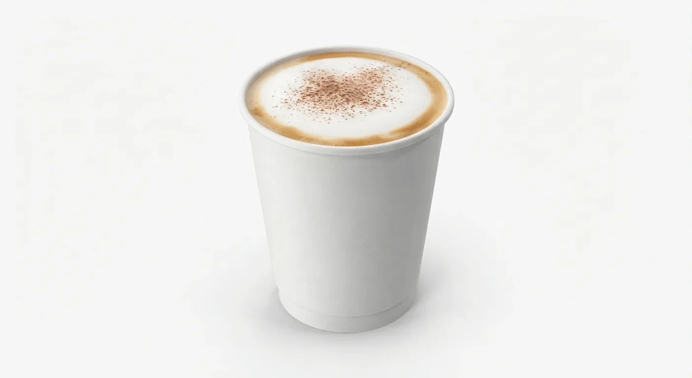 Slim Chickens Cappuccino, cappuccino dusted with chocolate in a white paper cup, nutrition and calories
