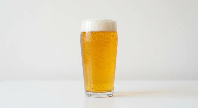 Slim Chickens Lucky Saint 0% Beer 330ml, alcohol-free golden lager with a foam head in a tall glass, nutrition and calories