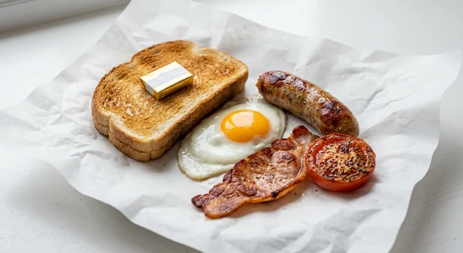Slim Chickens Small Slims Breakfast, toast, fried egg, sausage, bacon and grilled tomato on white paper, nutrition and calories