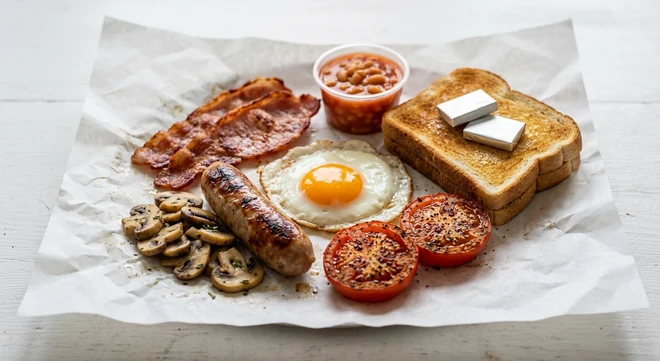 Slim Chickens Full Slims Breakfast, toast, fried egg, sausage, bacon, grilled tomatoes, mushrooms and baked beans on white paper, nutrition and calories