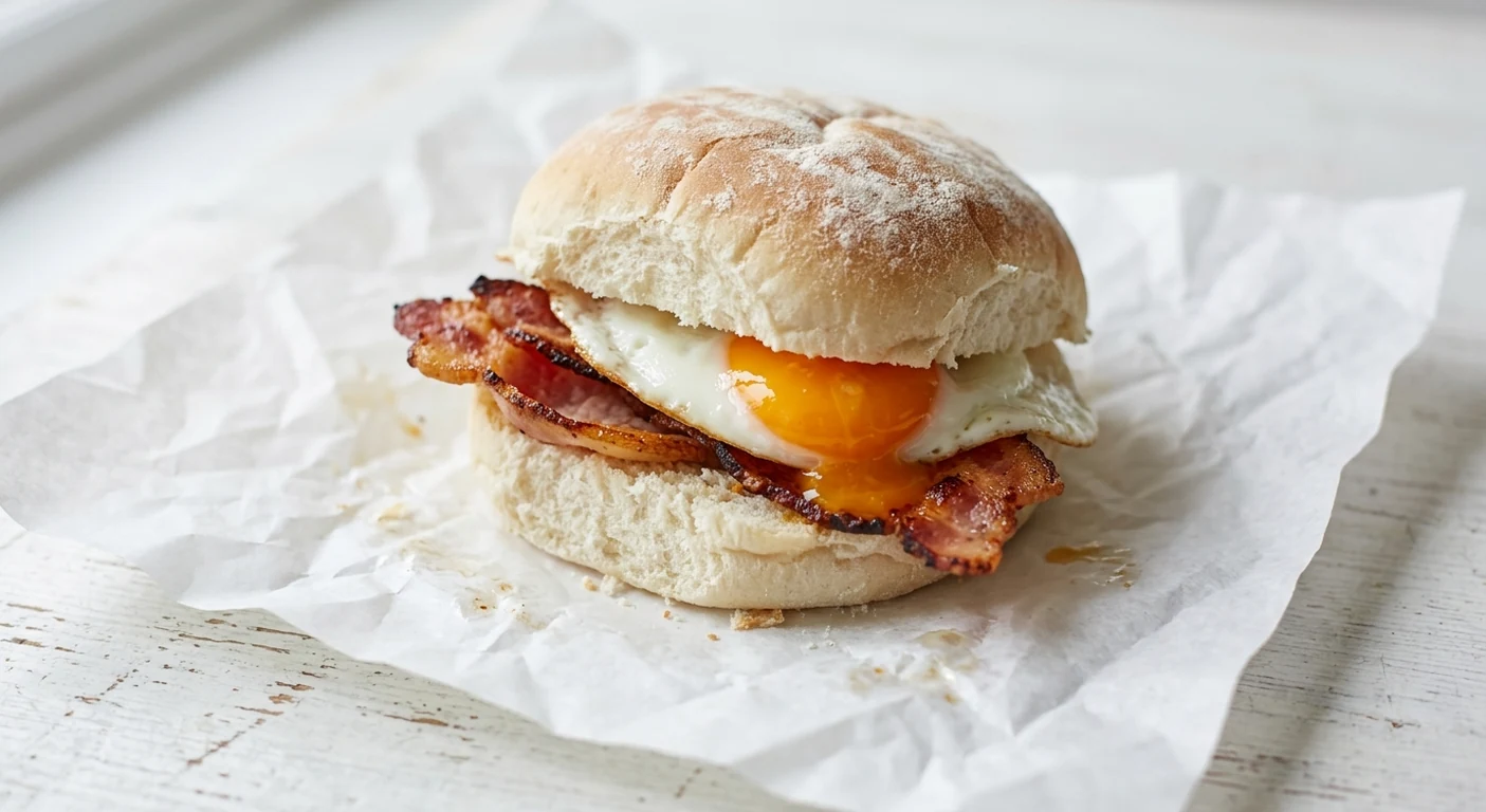 Slim Chickens Bacon & Egg Bap, back bacon and a fried egg in a soft white bap on white paper, nutrition and calories
