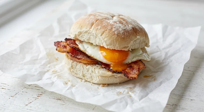 Slim Chickens Bacon & Egg Bap, back bacon and a fried egg in a soft white bap on white paper, nutrition and calories