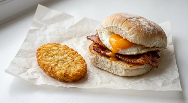 Slim Chickens Bacon & Egg Bap Meal, bacon and fried egg bap with a hash brown on white paper, nutrition and calories