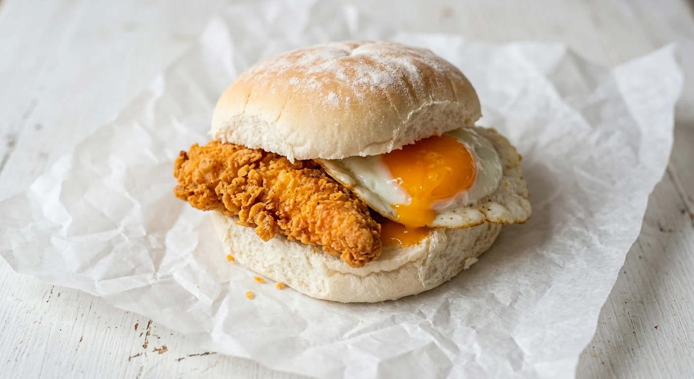 Slim Chickens Chicken & Egg Bap, buttermilk chicken tender and a fried egg in a soft white bap on white paper, nutrition and calories