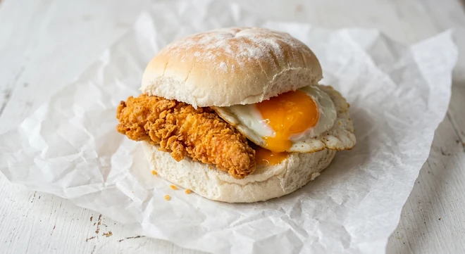 Slim Chickens Chicken & Egg Bap, buttermilk chicken tender and a fried egg in a soft white bap on white paper, nutrition and calories