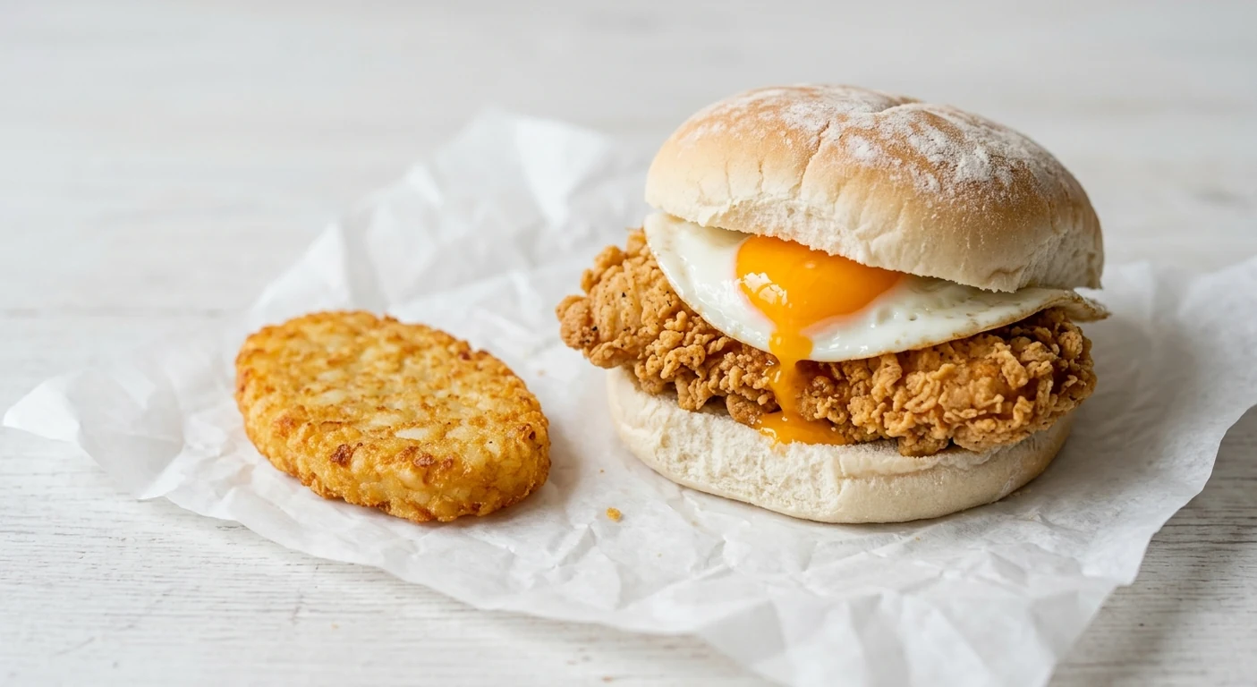 Slim Chickens Chicken & Egg Bap Meal, chicken tender and fried egg bap with a hash brown on white paper, nutrition and calories