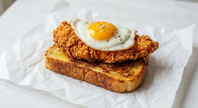 Slim Chickens Chicken & Egg Texas Toast, buttermilk chicken tender and a fried egg on griddled Texas Toast on white paper, nutrition and calories