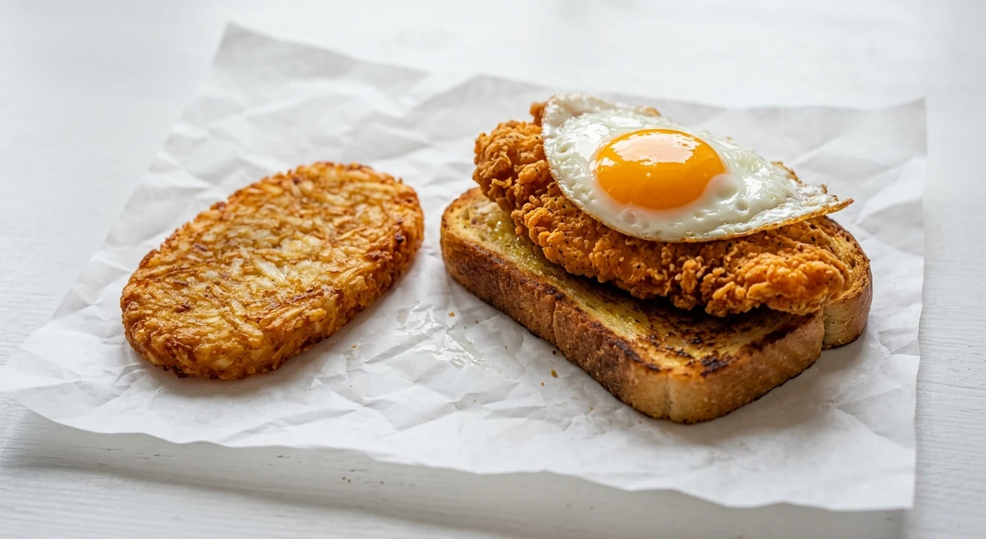 Slim Chickens Chicken & Egg Texas Toast Meal, chicken tender and fried egg on Texas Toast with a hash brown on white paper, nutrition and calories