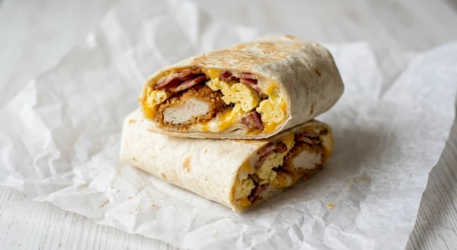 Slim Chickens Breakfast Wrap, flour tortilla with chicken tender, scrambled egg, bacon and cheese cut in half on white paper, nutrition and calories