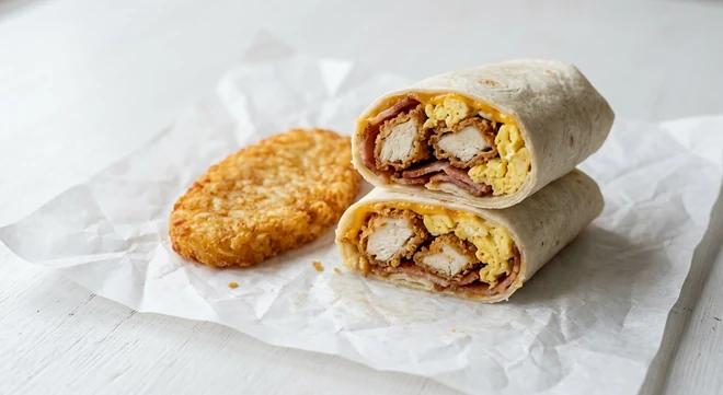 Slim Chickens Breakfast Wrap Meal, chicken, egg and bacon breakfast wrap with a hash brown on white paper, nutrition and calories