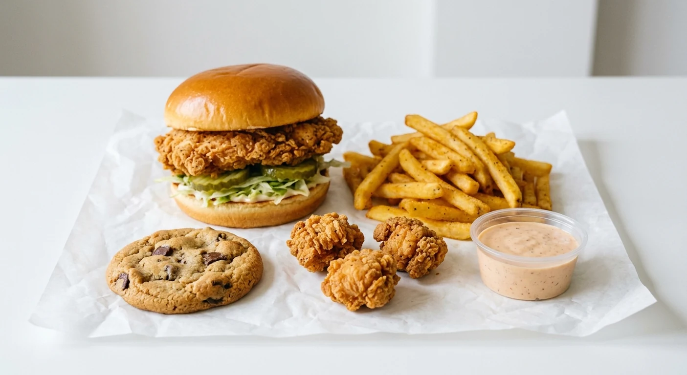 Slim Chickens Slims Crave Box, classic chicken sandwich with fries, three boneless bites, a Slims Sauce dip and a cookie on white paper, nutrition and calories