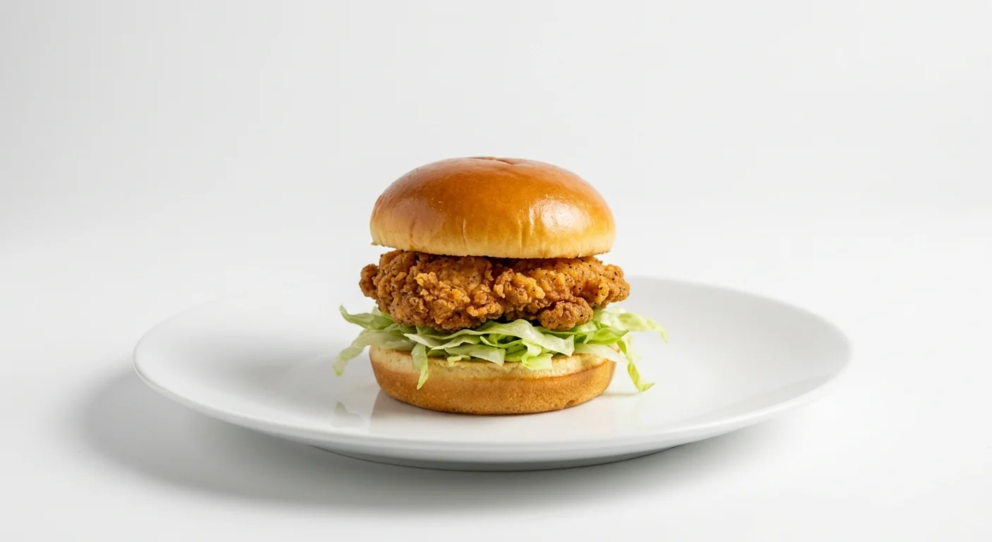Popeyes The Mini Sandwich, small crispy fried chicken fillet with shredded lettuce in a brioche-style bun on a white plate, nutrition and calories