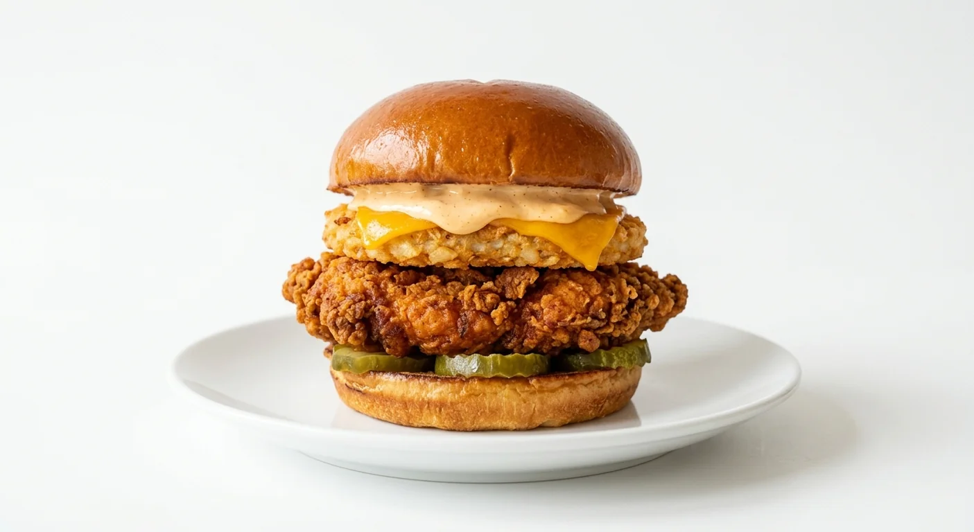 Popeyes Spicy Superstack Sandwich, crispy spicy fried chicken fillet with a hash brown, cheddar, pickles and spicy mayo in a brioche bun on a white plate, nutrition and calories