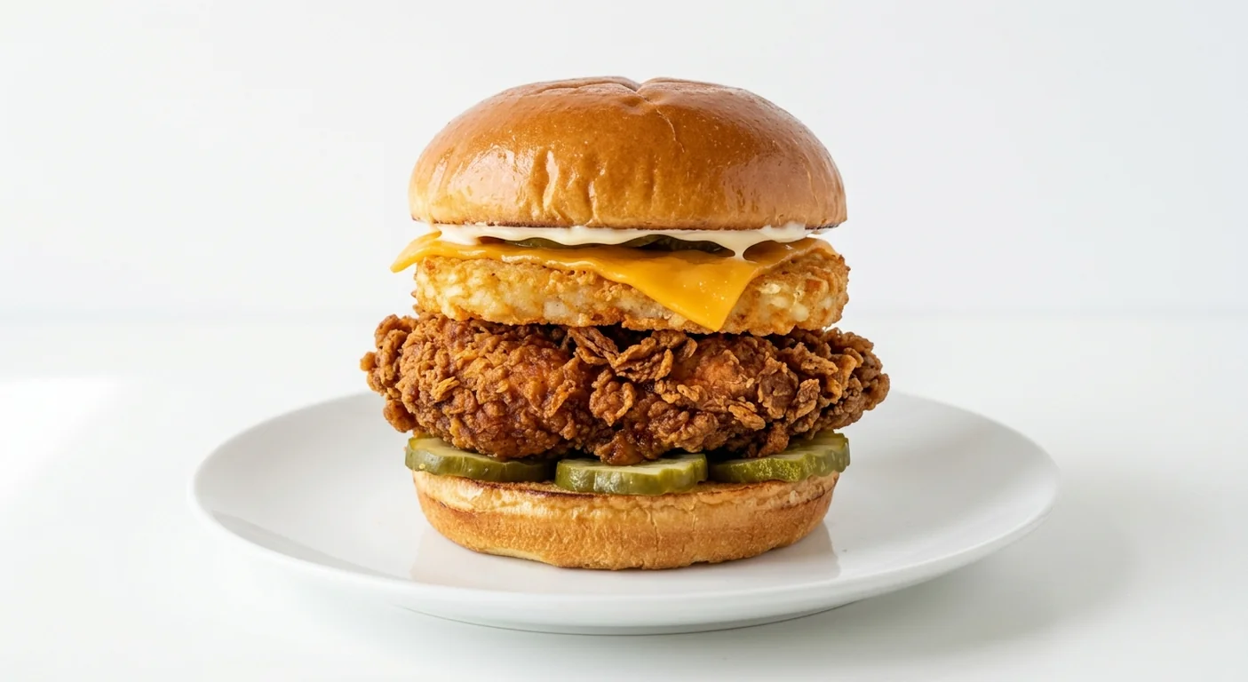 Popeyes Classic Superstack Sandwich, crispy fried chicken fillet with a hash brown, cheddar, pickles and mayo in a brioche bun on a white plate, nutrition and calories