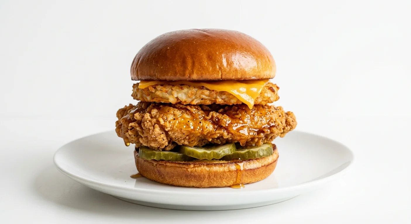 Popeyes Hot Honey Superstack Sandwich, crispy fried chicken fillet drizzled with hot honey, with a hash brown, cheddar and pickles in a brioche bun on a white plate, nutrition and calories