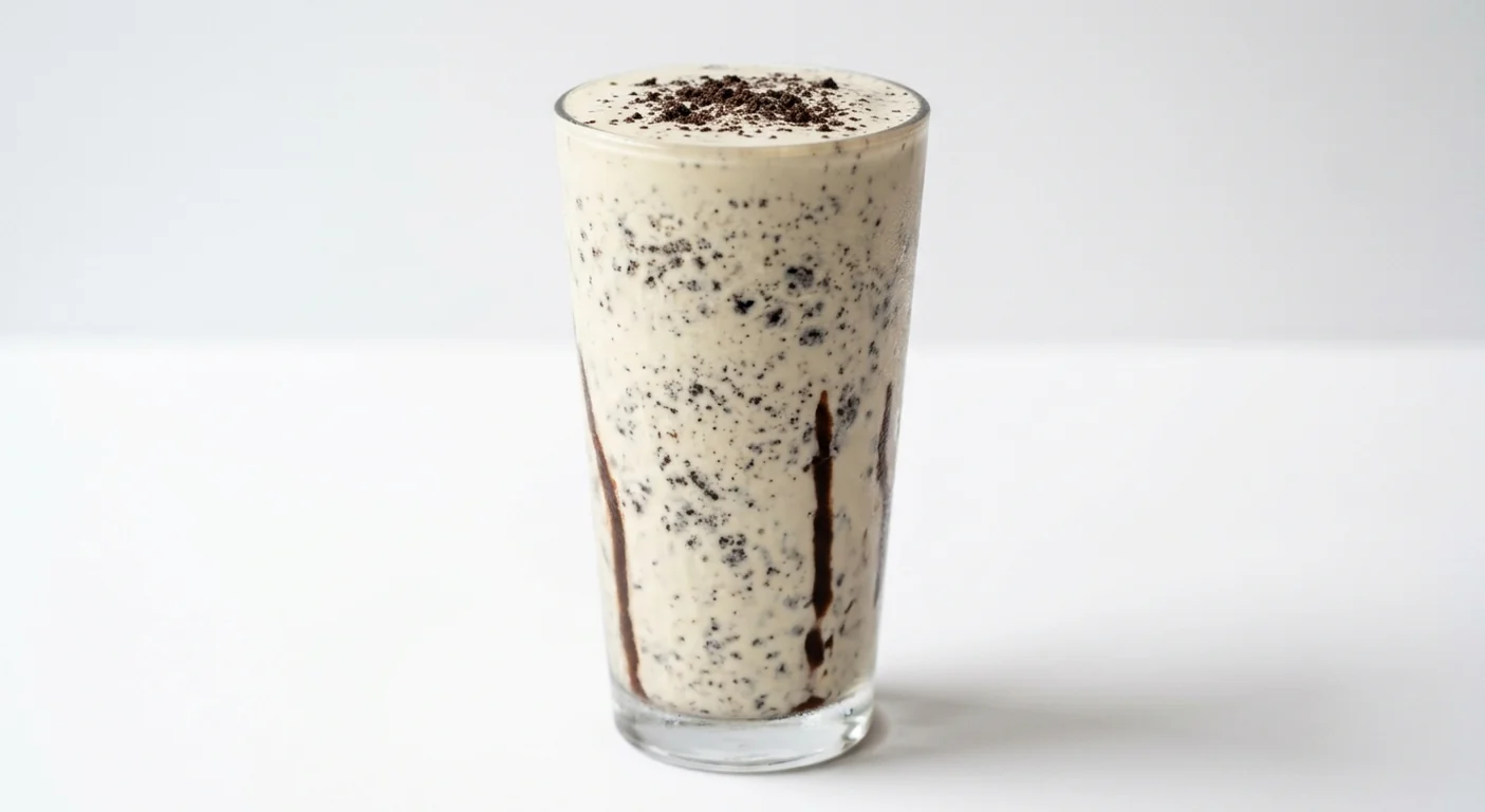 Popeyes Made with Oreo Shake, thick vanilla milkshake with crushed cookie pieces and a chocolate drizzle in a tall clear glass, nutrition and calories
