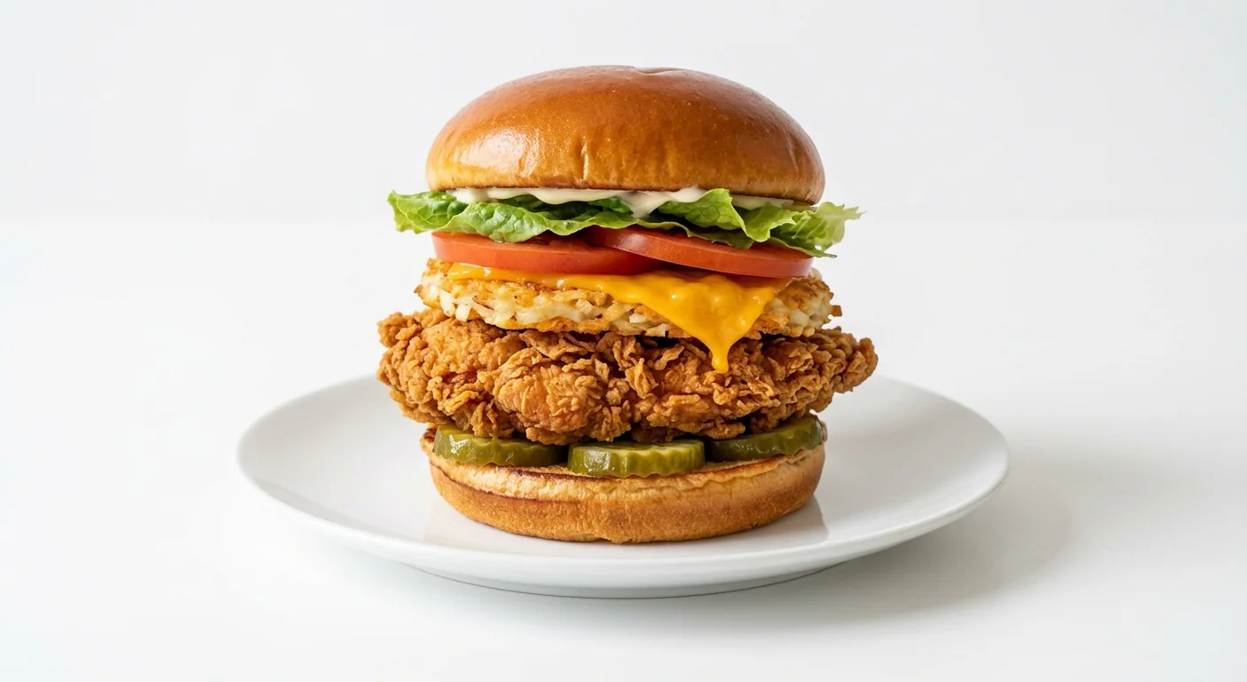Popeyes The Deluxe Superstack Sandwich, crispy fried chicken fillet with a hash brown, cheddar, tomato, lettuce, pickles and mayo in a brioche bun on a white plate, nutrition and calories