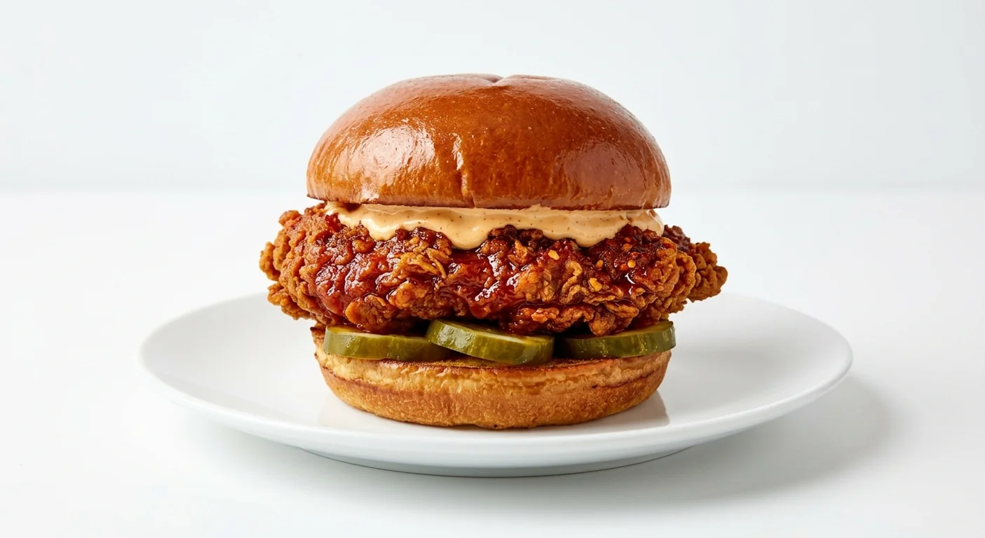 Popeyes Ghost Pepper Sandwich, crispy chicken fillet with a ghost pepper glaze, pickles and spicy mayo in a brioche bun on a white plate, nutrition and calories