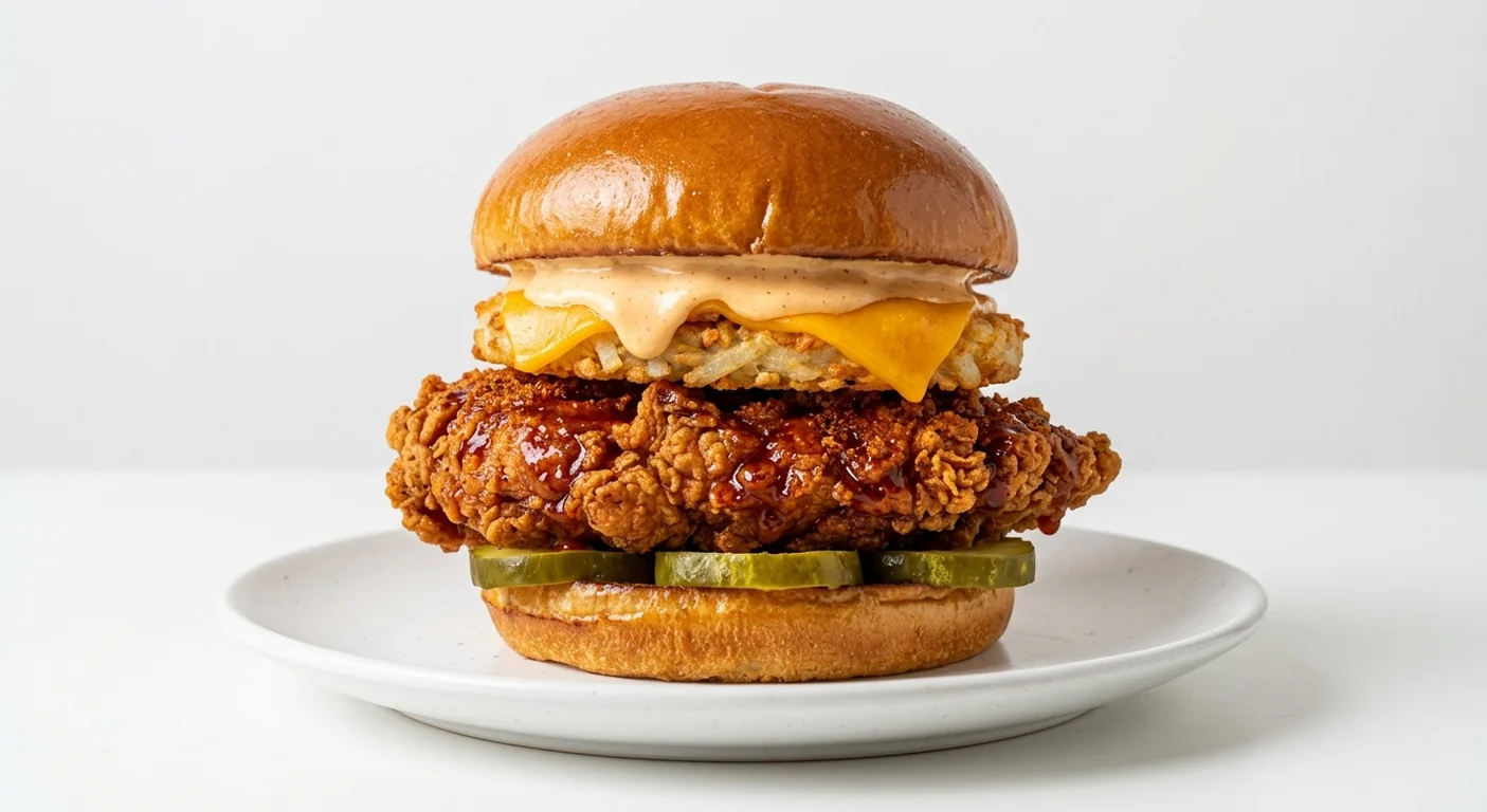 Popeyes Ghost Pepper Superstack Sandwich, crispy chicken fillet with a ghost pepper glaze, a hash brown, cheddar, pickles and spicy mayo in a brioche bun on a white plate, nutrition and calories