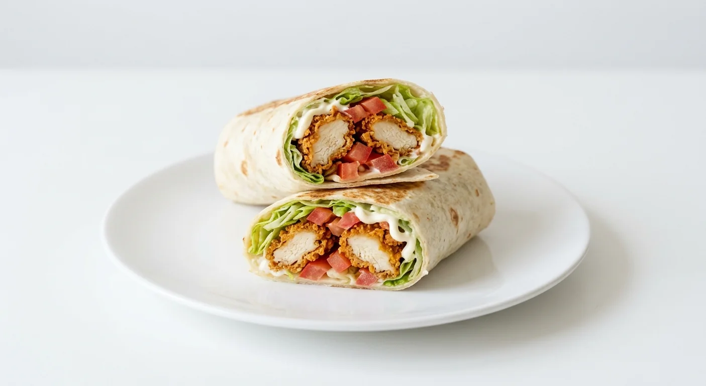 Popeyes Classic Shatter Crunch Wrap, crispy chicken tenders with lettuce, tomato and mayo in a flour tortilla cut in half on a white plate, nutrition and calories