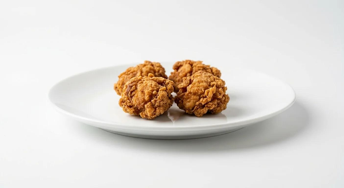Popeyes 4 Boneless, four bite-sized crispy fried chicken breast pieces on a white plate, nutrition and calories