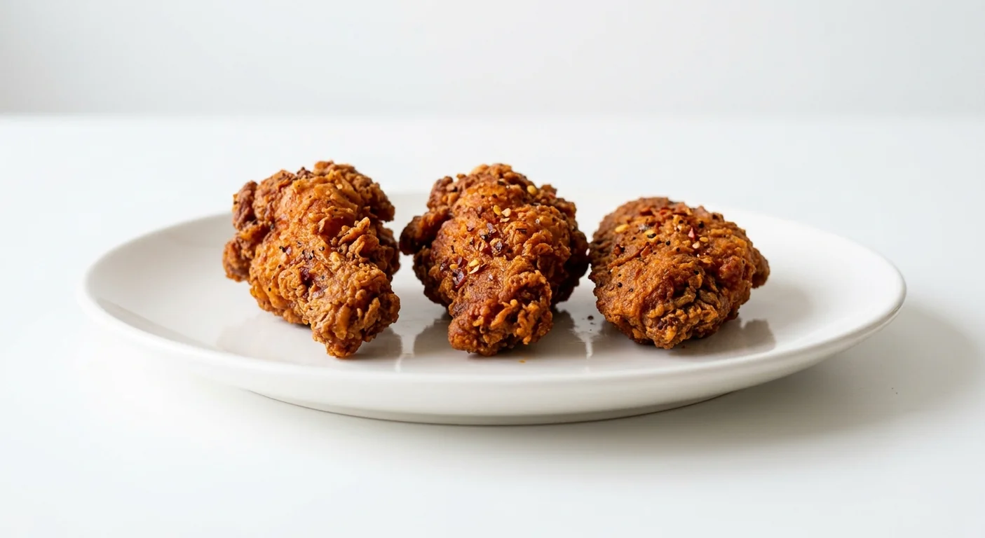 Popeyes 3 Hot Wings, three crispy spicy fried chicken wings on a white plate, nutrition and calories
