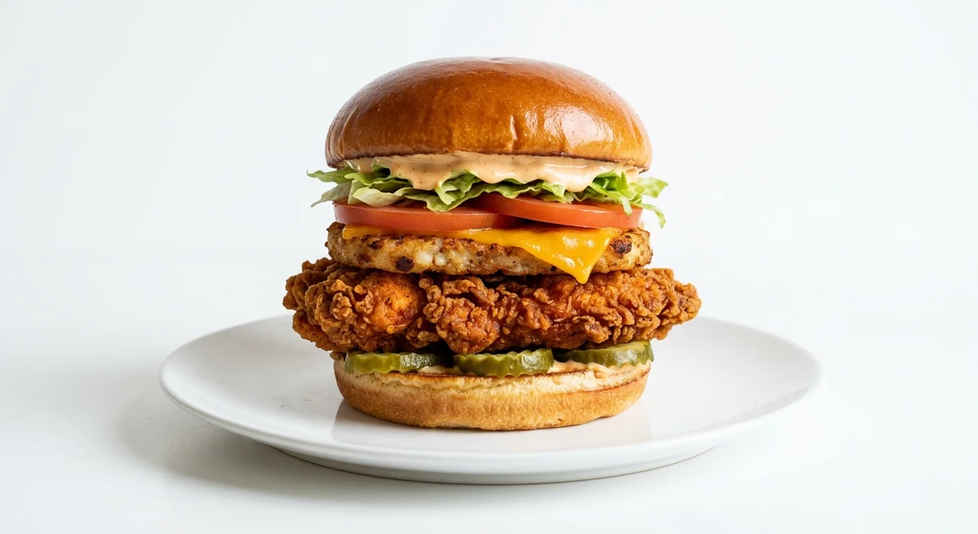 Popeyes The Spicy Deluxe Superstack Sandwich, crispy spicy fried chicken fillet with a hash brown, cheddar, tomato, lettuce, pickles and spicy mayo in a brioche bun on a white plate, nutrition and calories